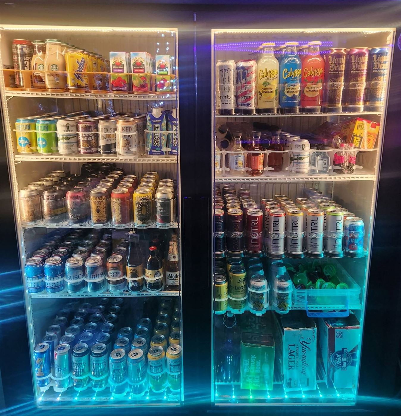 The Retro Replay drink cooler stocked with beer, mead, seltzers, lemonades and energy drinks